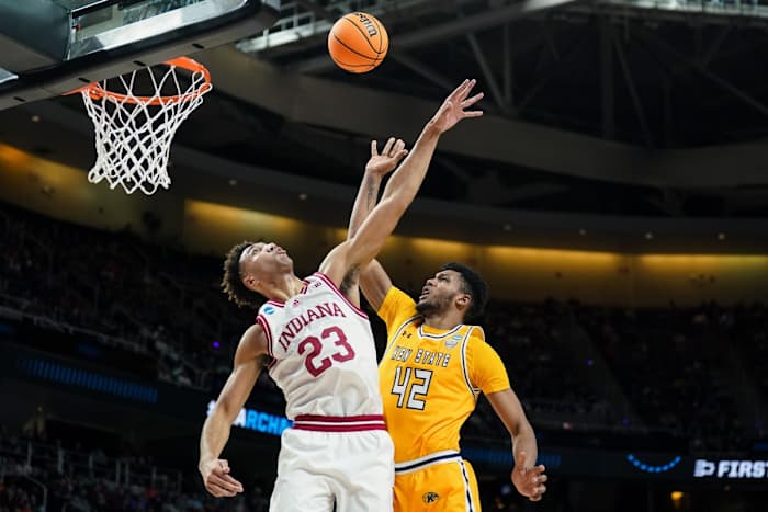 Kent State Golden Flashes center Cli'Ron Hornbeak (42) attempts a shot against Indiana Hoosiers forward Trayce Jackson-Davis (23).
